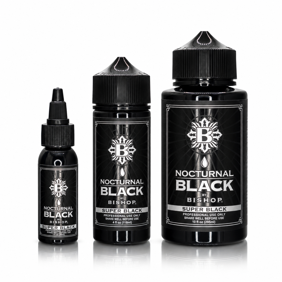 Nocturnal By Bishop Super Black 30ml, 118ml, 295ml — confronto dei formati dei flaconi