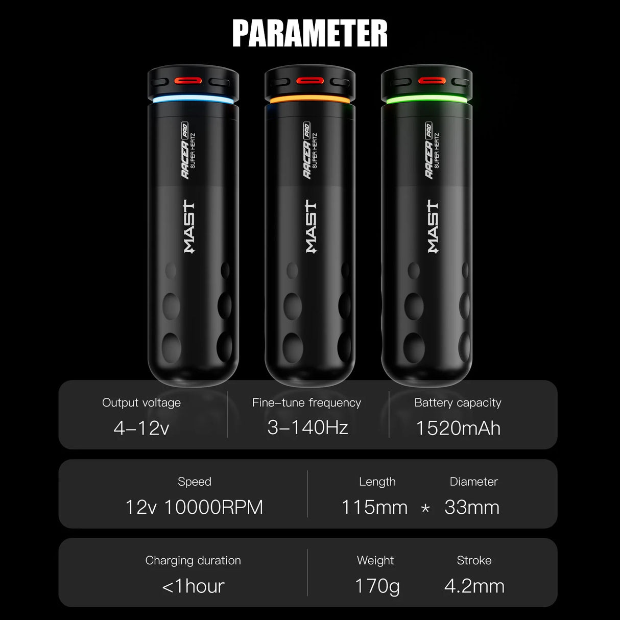 Penna per tatuaggi senza fili Mast Racer Pro rosa corsa 4,2 mm corsa