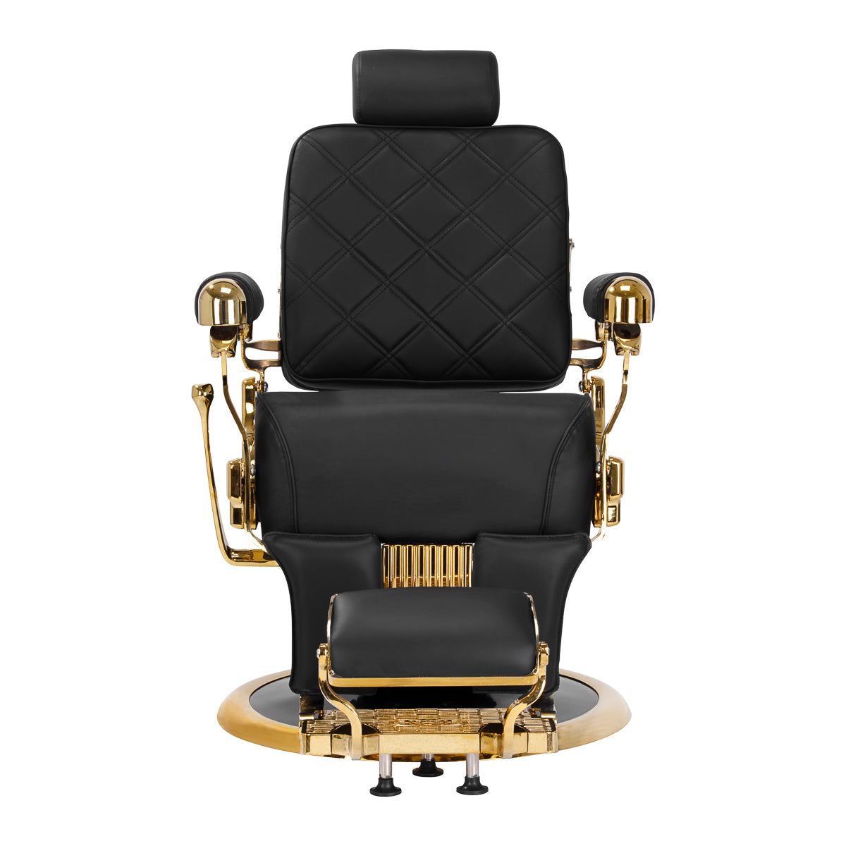 Gabbiano Leonardo Gold Black barber chair with plush black upholstery and gold accents, designed for barbershop furniture.