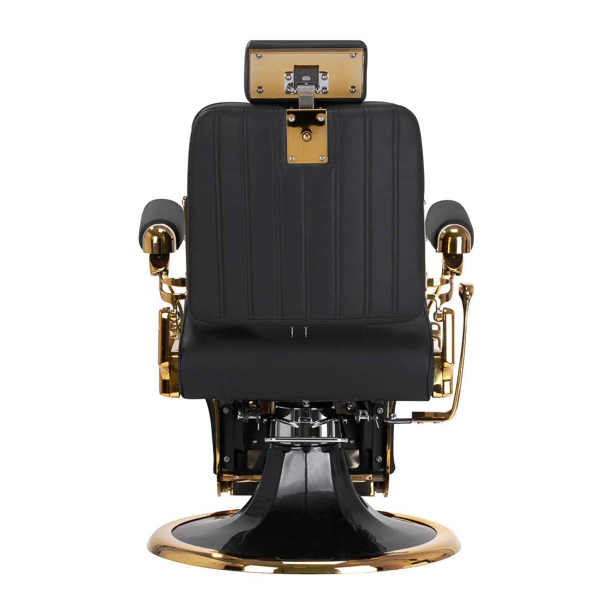 Black barber chair Gabbiano Leonardo Gold with plush upholstery and adjustable features, designed for professional barbershops.