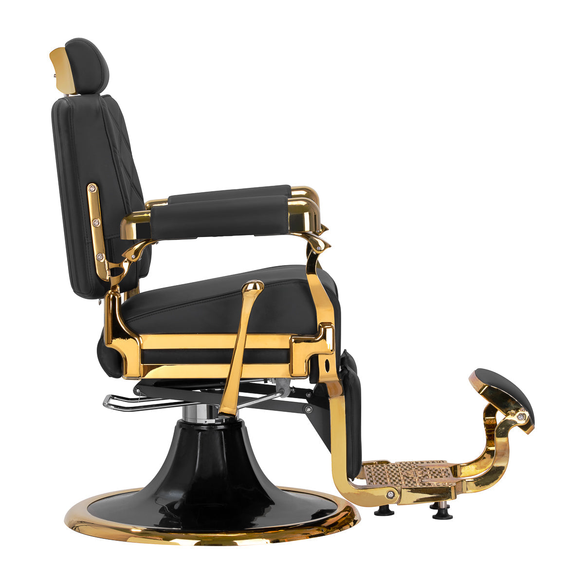 Gabbiano Leonardo Gold and Black barber chair with padded seat and backrest, chrome accents, and adjustable headrest in a barbershop setting.