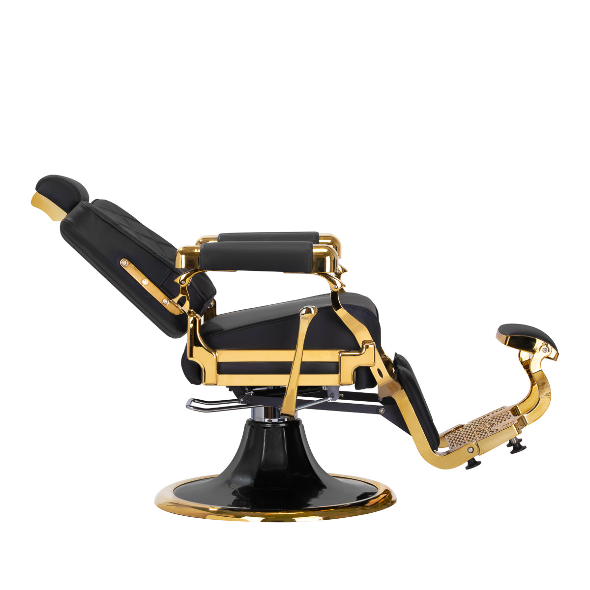 Black and gold Gabbiano Leonardo barber chair with plush upholstery and adjustable headrest, designed for professional barbershops.