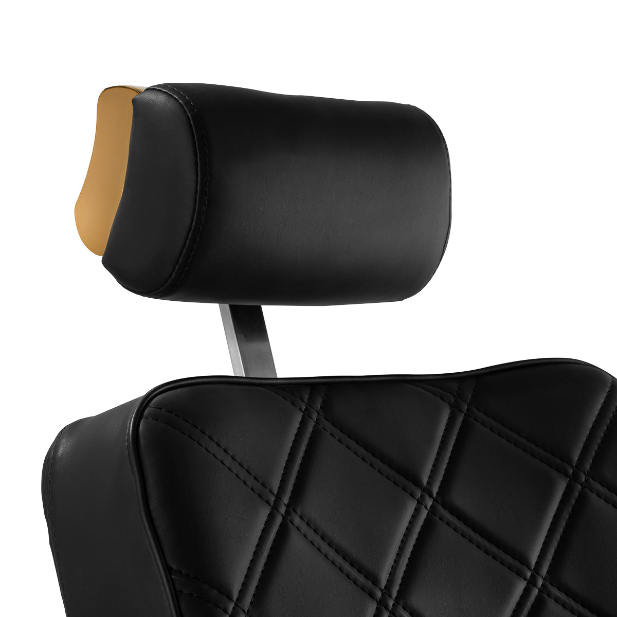 Black Gabbiano Leonardo Gold barber chair with plush upholstery and gold accents, designed for professional barbershop use.