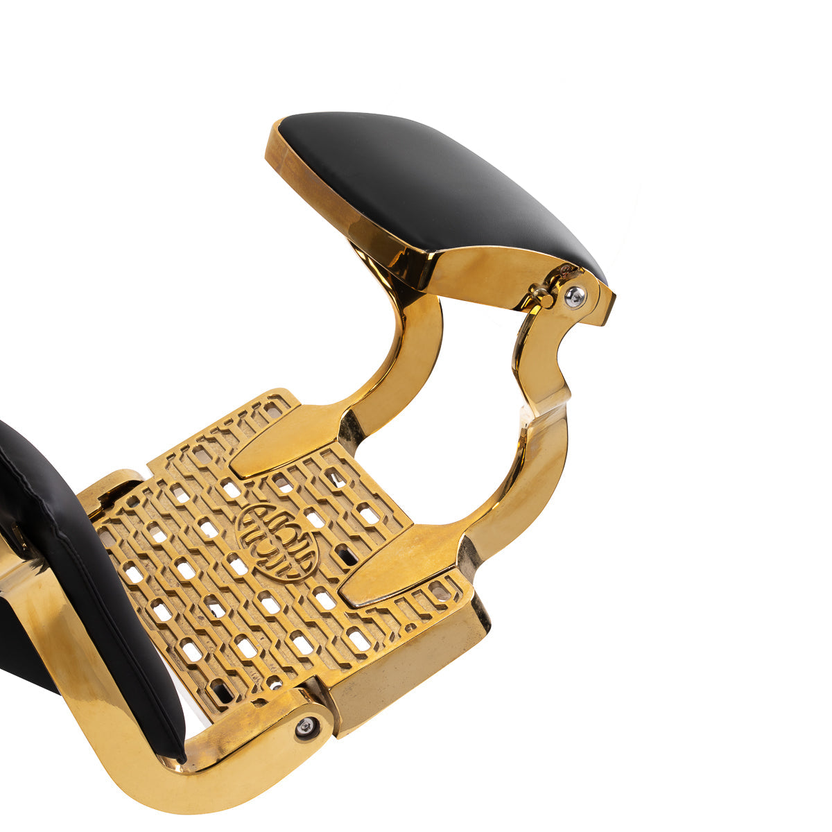 Gabbiano Leonardo Gold Black barber chair with plush black upholstery and gold accents, designed for barbershop furniture.