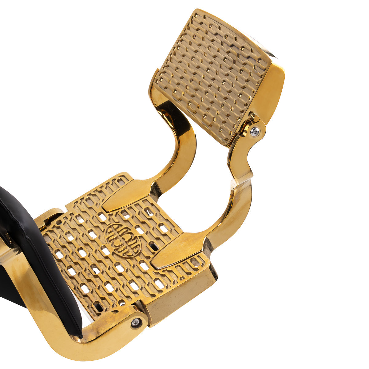 Black barber chair Gabbiano Leonardo Gold with plush upholstery and chrome accents, designed for barbershops.