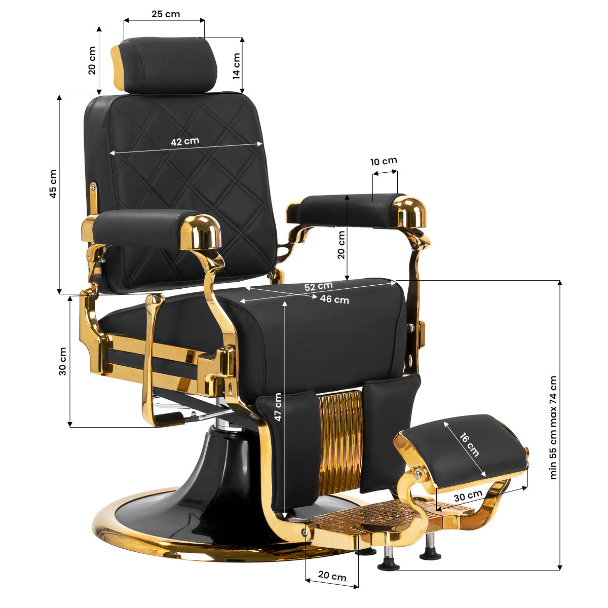 Black Gabbiano Leonardo Gold barber chair with padded seat and backrest, adjustable armrests, and chrome base for barbershop use.