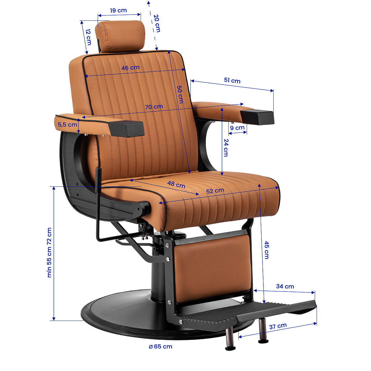Gabbiano Visionerio barber chair in light brown leather with chrome armrests, part of barbershop furniture.