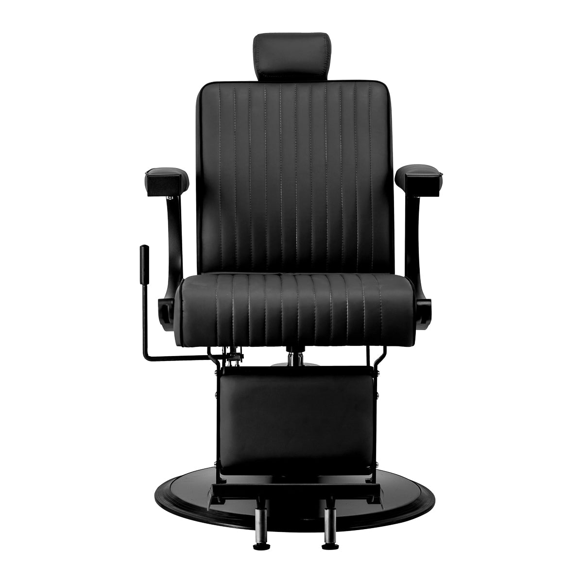 Black Gabbiano Visionerio barber chair with black frame, featuring plush cushioning and adjustable headrest for barbershop use.