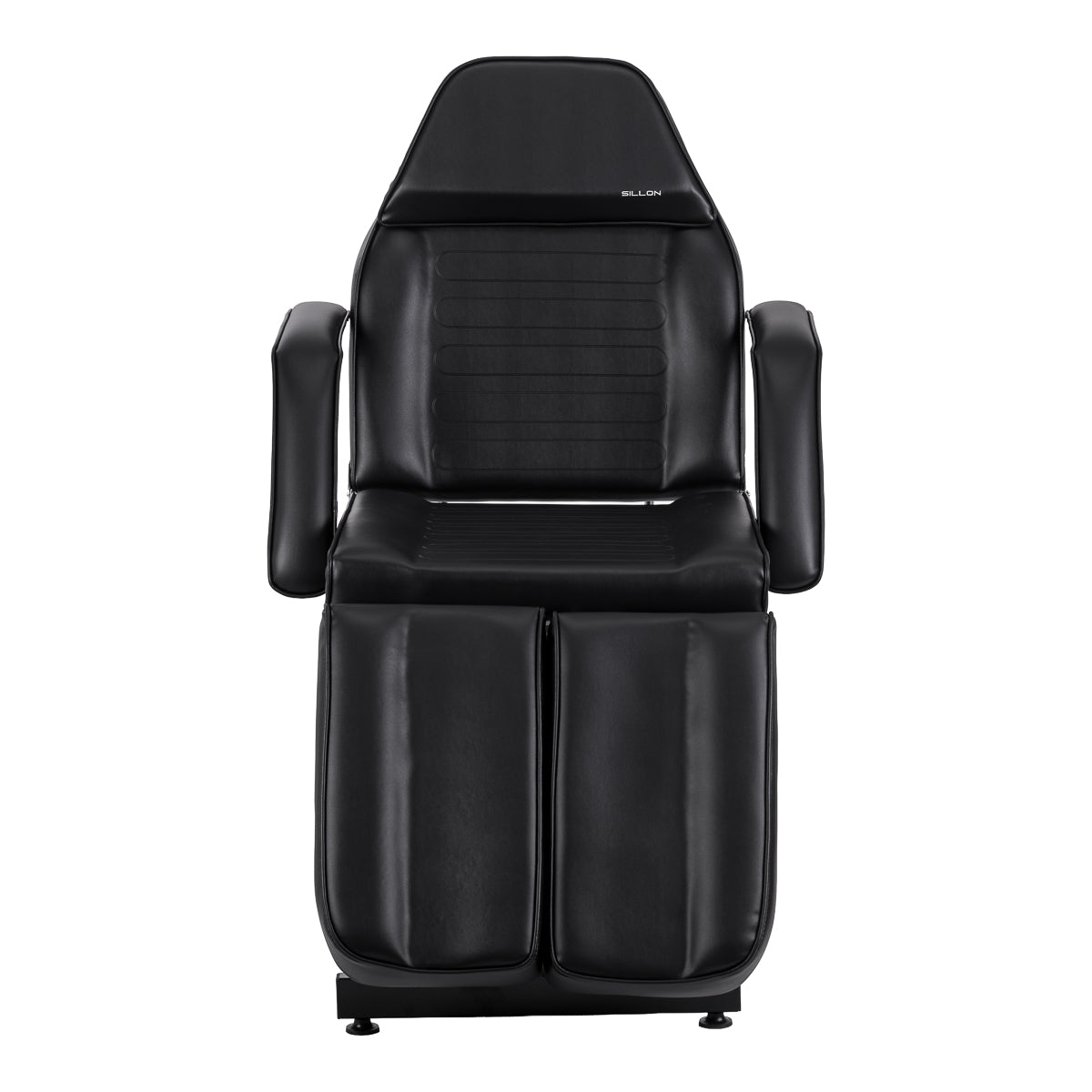 Black salon chair with hydraulic height adjustment