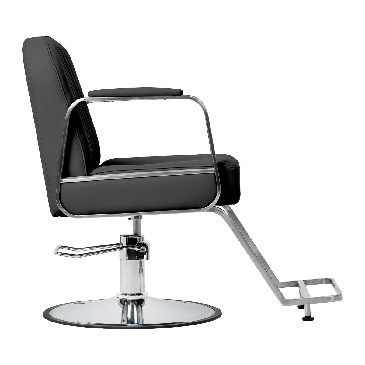 Black Gabbiano Acri hairdressing chair with adjustable height and cushioned seat for salon styling and client comfort.