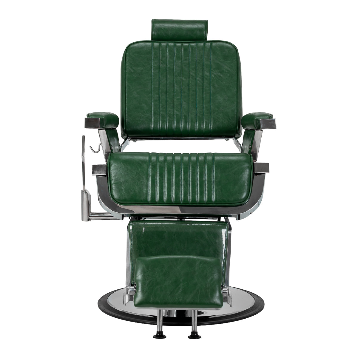 Gabbiano Royal X green barber chair with cushioned seat and backrest, adjustable headrest, and chrome armrests for barbershop use.