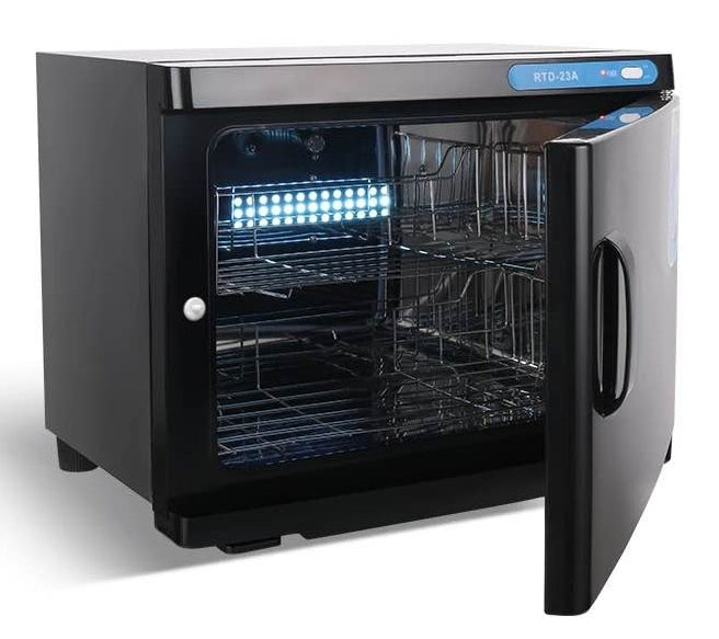 Beauty System UV sterilizer and towel warmer BN-218 in black, showing sleek design with sterilization and warming features.