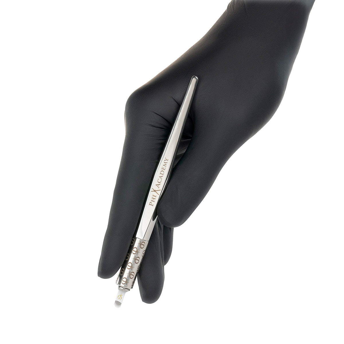 PhiBrows Universal Microblading Holder Silver — microblading holder held in a gloved hand