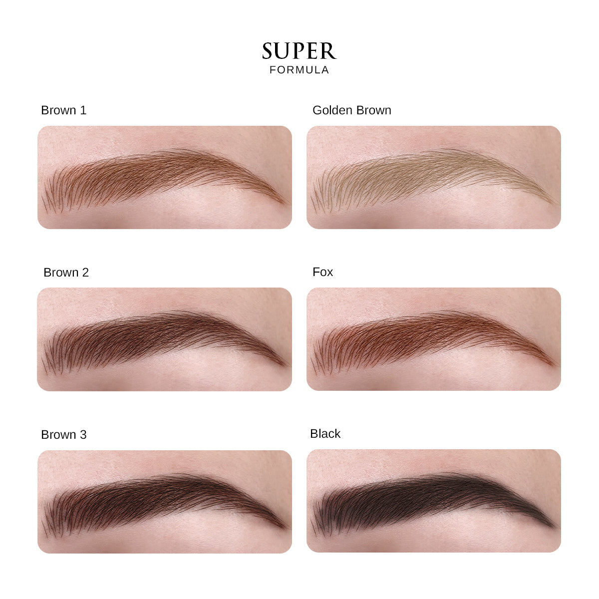 PhiBrows SUPER pigment range — six labelled eyebrow colour examples