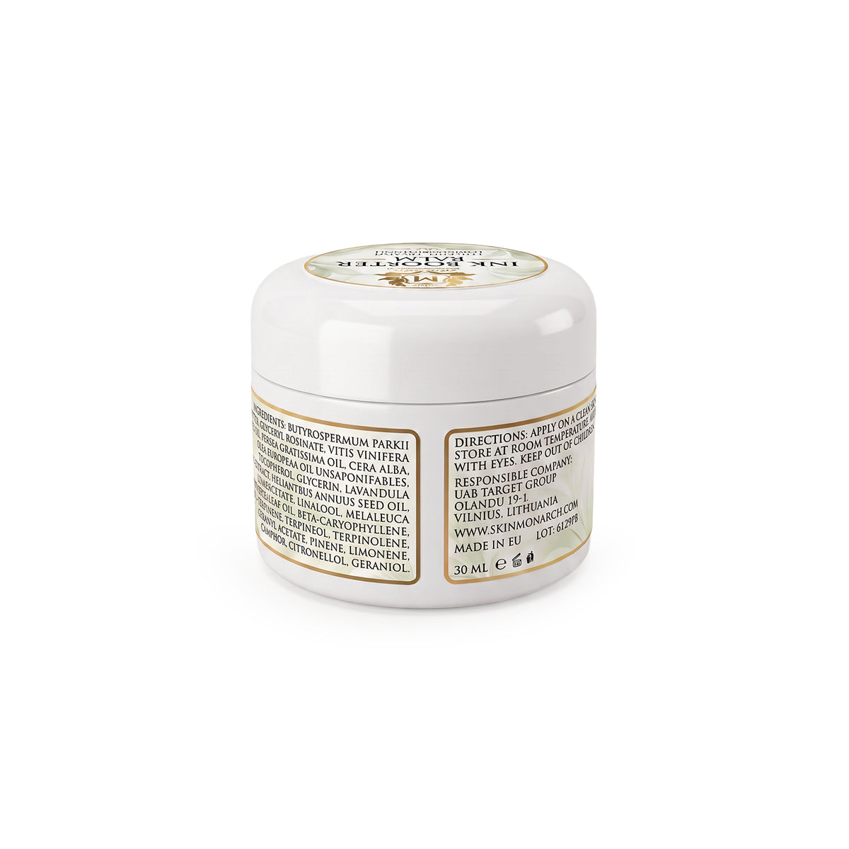 Skin Monarch Ink Booster Balm 30ml, etichetta posteriore con ingredienti e istruzioni
