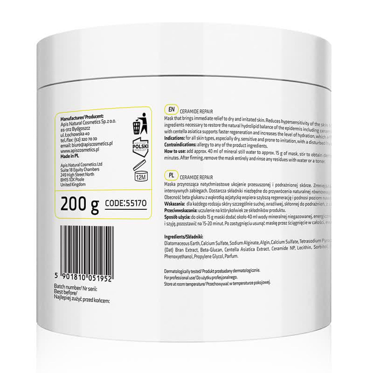 Apis CERAMIDE REPAIR Soothing algae mask with ceramides and beta glucan 200 g - BVShop