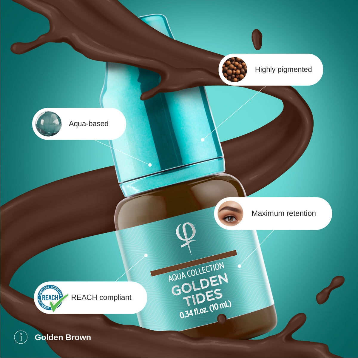 PhiAcademy PMU Aqua Golden Tides Pigment 10ml — formula and pigment texture