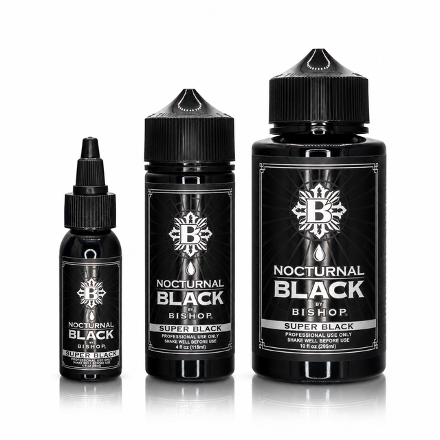 Nocturnal By Bishop Super Black 30ml, 118ml, 295ml — confronto dei formati dei flaconi