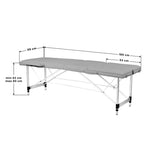 BALANCE lettino da massaggio pieghevole in alluminio a tre sezioni – Grigio; disegno quotato, piano 186 × 59 cm