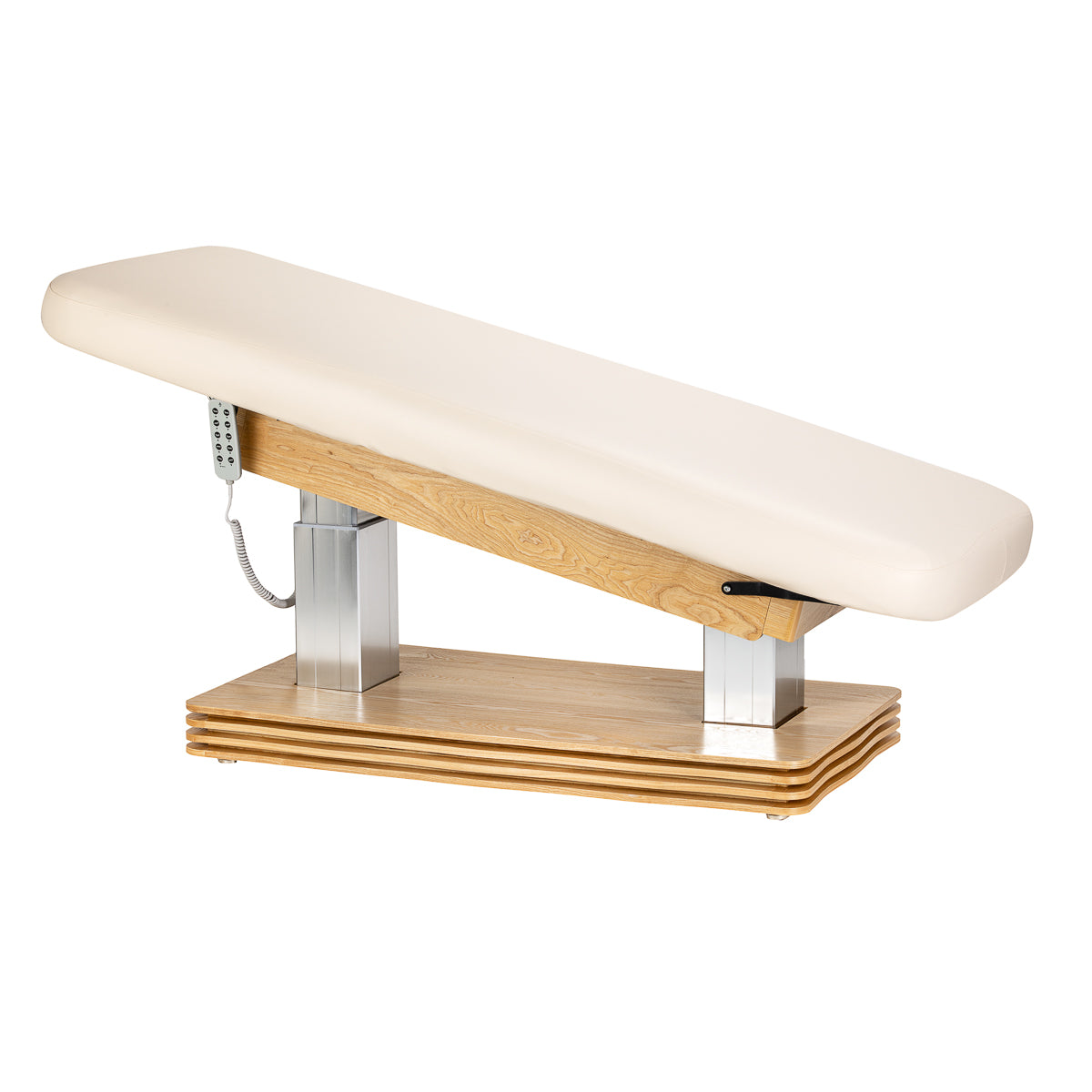 Cream SPA lounger Sillon Comfort beauty salon furniture with light brown base, comfortable design and sleek appearance.