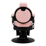 Pink barber chair with black base, GABBIANO Gabbiano President model, featuring cushioned seat and chrome accents.