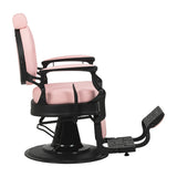Gabbiano President pink barber chair with black base, padded seat and backrest, and adjustable armrests for professional grooming.