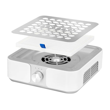 White and silver MOMO Dust Absorber P30 60W with sleek design and adjustable filter in a modern kitchen setting.