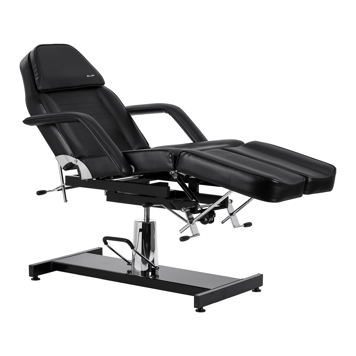 Hydraulic black salon chair with reclining backrest for studios