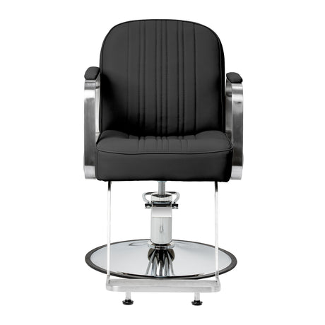 Black Gabbiano Acri hairdressing chair with adjustable headrest and armrests, featuring a sleek modern design.