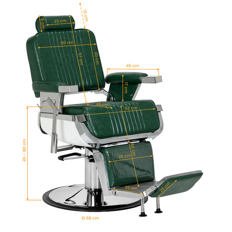 Green Gabbiano Royal X barber chair with padded seat and backrest, adjustable armrests, and chrome base for barbershop use.