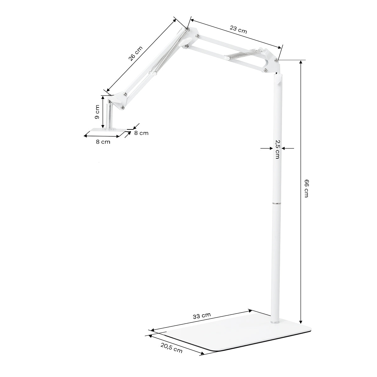 GLOW supporto regolabile per lampada UV/LED da pedicure – Bianco; disegno quotato, base 33 × 20,5 cm