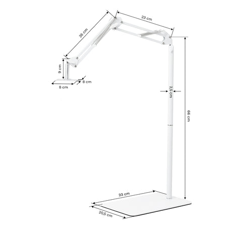 GLOW supporto regolabile per lampada UV/LED da pedicure – Bianco; disegno quotato, base 33 × 20,5 cm