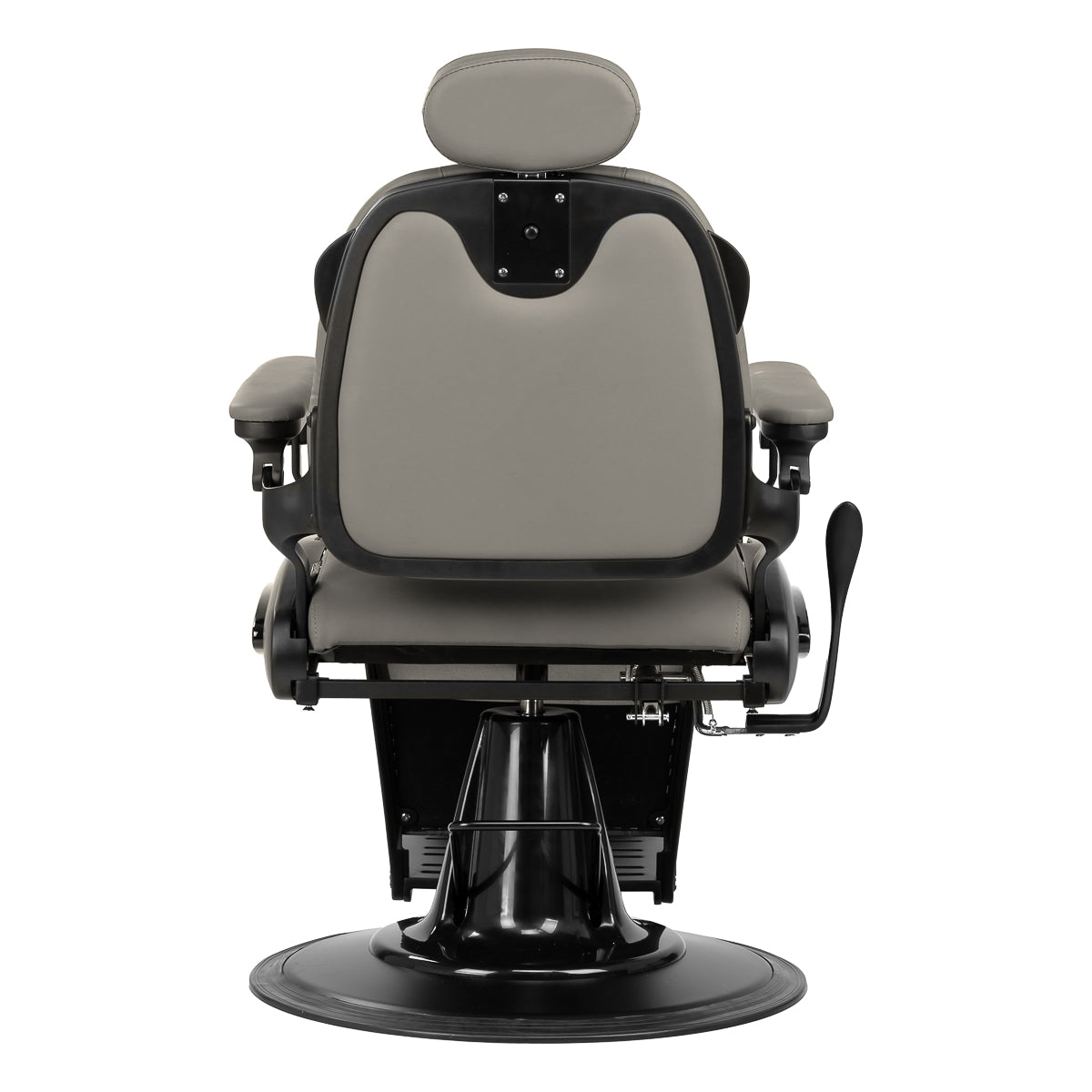 Gabbiano Francesco grey barber chair with a black base, barbershop furniture featuring padded seat and backrest for professional styling.