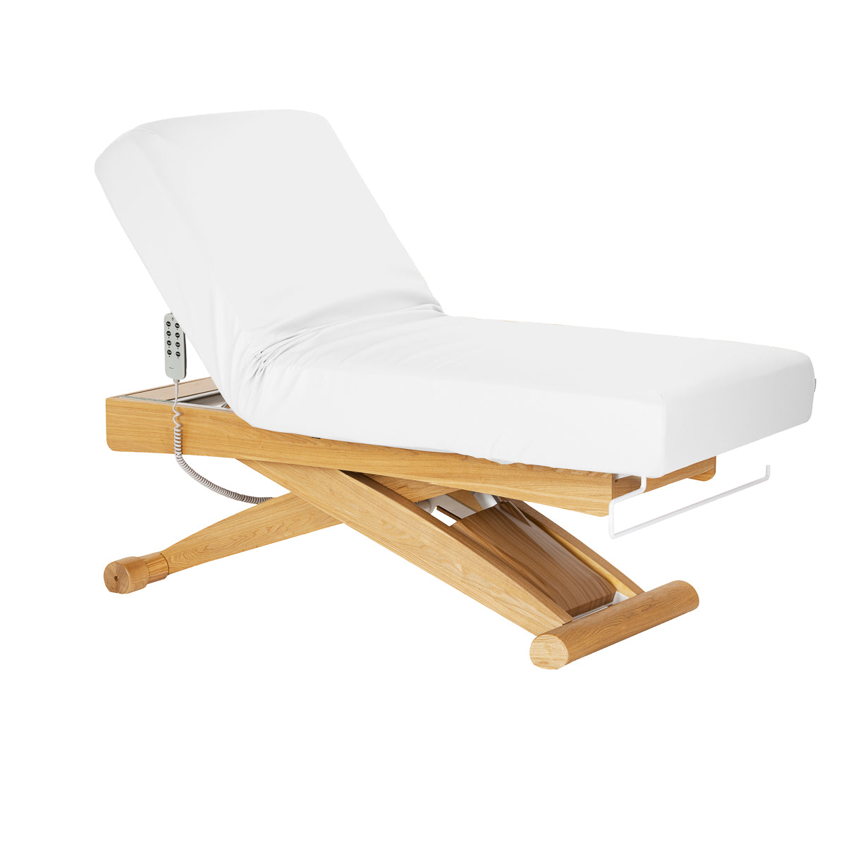 Sillon Siesta Lettino SPA Elettrico – Bianco, Base Marrone Chiaro · Posizione reclinata