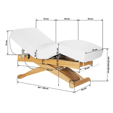 Sillon Siesta Lettino SPA Elettrico – Bianco, Base Marrone Chiaro · Schema dimensioni