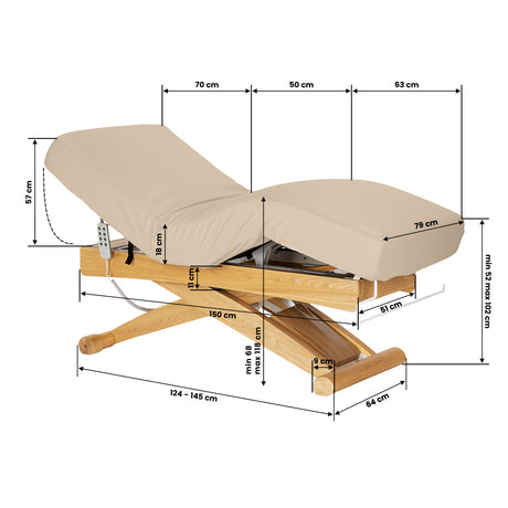 Sillon Siesta Lettino SPA Elettrico – Beige, Base Marrone Chiaro · Schema dimensioni