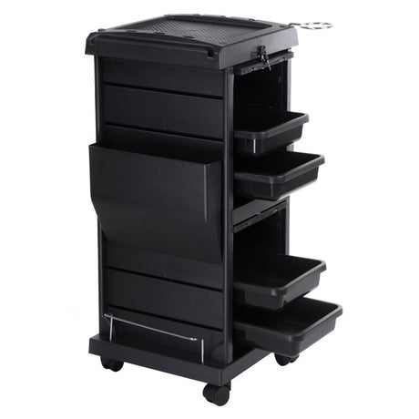 Hairdressing helper with curtain in black, branded by Beauty System, showing adjustable stand and curtain for salon use.