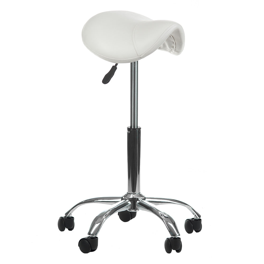White cosmetic stool BD-9909 from Beauty System with a cushioned seat and adjustable height, shown from a front angle.