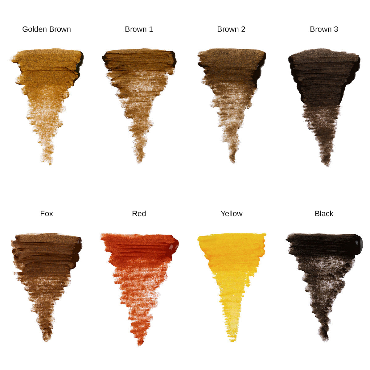 PhiBrows SUPER pigment range — eight labelled colour swatches