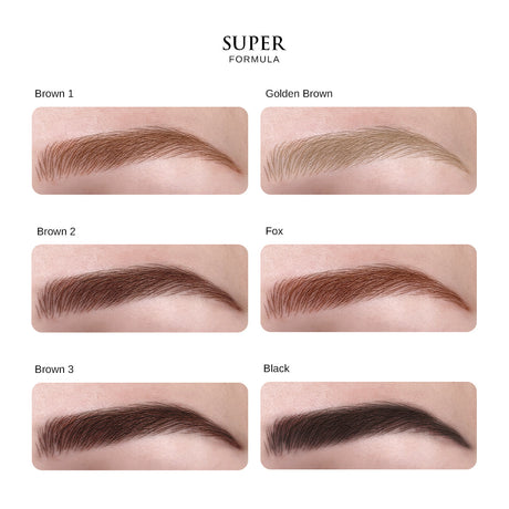 PhiBrows SUPER pigment range — six labelled eyebrow colour examples