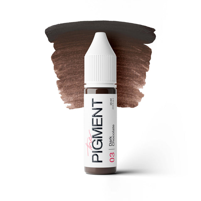 The Pigment 03 Dark Chocolate PMU pigment bottle for brows in 5ml and 15ml sizes