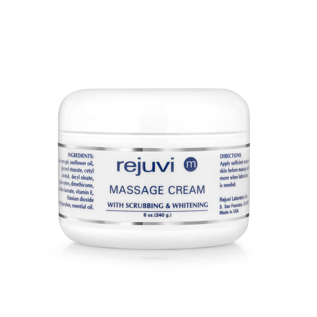 Rejuvi m Crema Massaggio Scrub 240g – Vasetto, etichetta anteriore