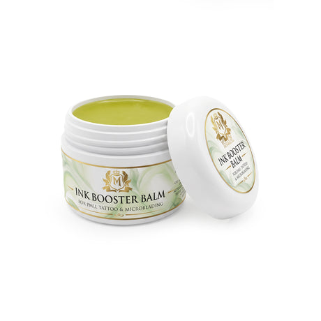 Skin Monarch Ink Booster Balm 30ml, vasetto aperto con balsamo giallo e coperchio