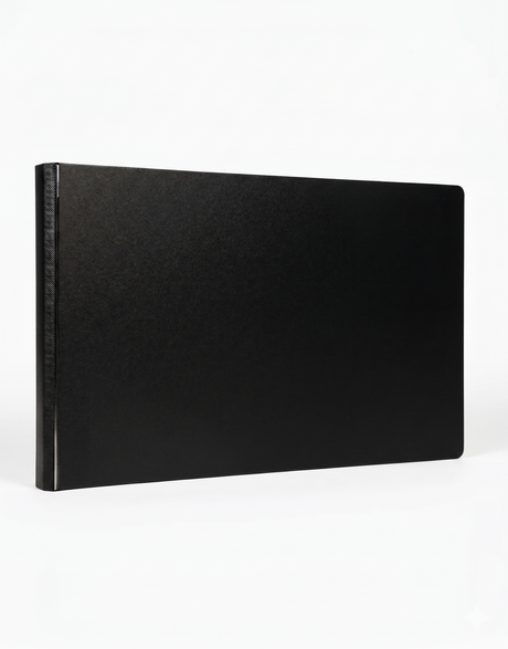 Black leather-bound book on a white background