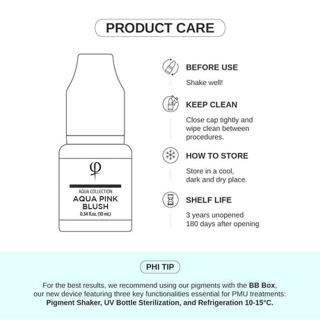 PhiAcademy PMU Aqua Pink Blush Pigment 10ml — product care and storage