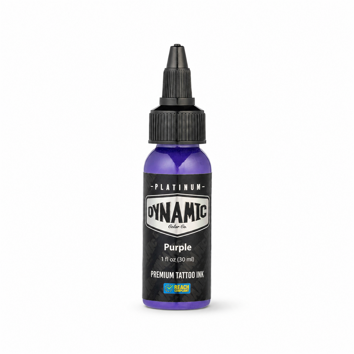 Flacone di inchiostro per tatuaggi Dynamic Platinum Purple 30ml su fondo bianco con ombra morbida e naturale
