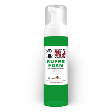 Green Super Foam 230ml from Premier Products Ink, showing the bright green foam in a clear container with a nozzle for application.