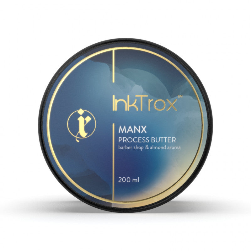 InkTrox Manx Tattoo Process Butter 200ml jar, creamy skincare product for tattoo aftercare, with a white lid and label.