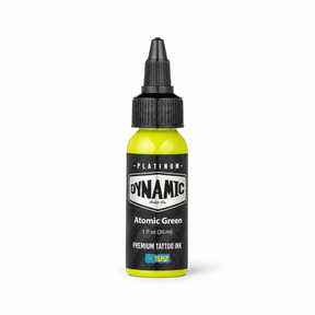 Platinum By Dynamic Tattoo Ink Atomic Green 30ml bottle on a white background with a natural shadow