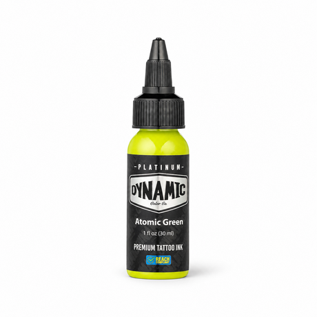 Platinum By Dynamic Tattoo Ink Atomic Green 30ml bottle on a white background with a natural shadow